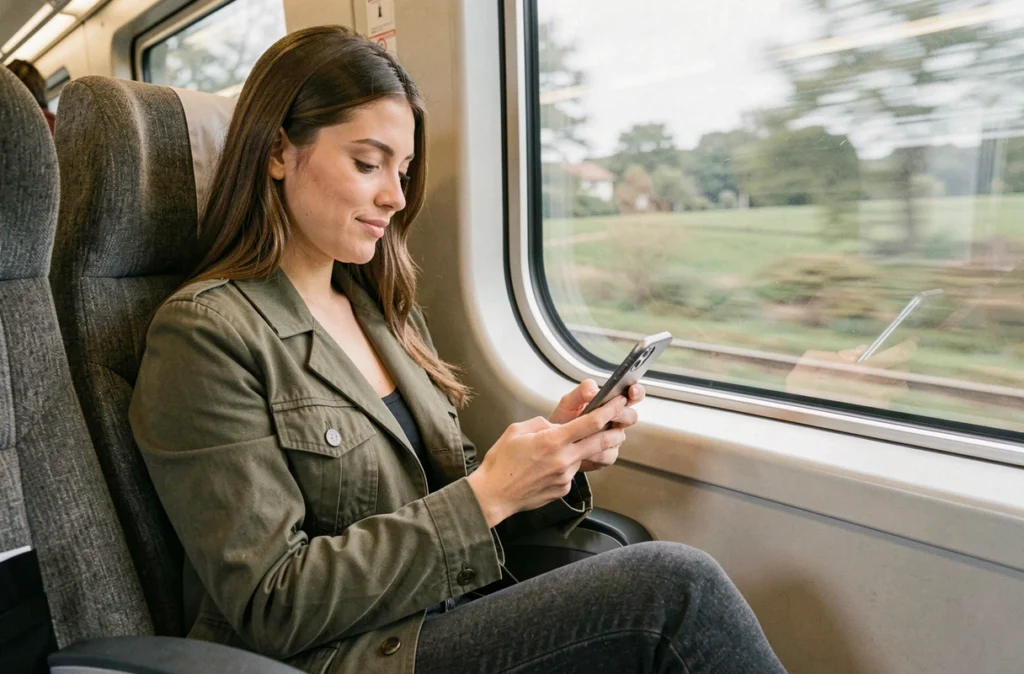 Jeune professionnelle accédant à ses documents stockés dans le cloud via smartphone dans un train en déplacement