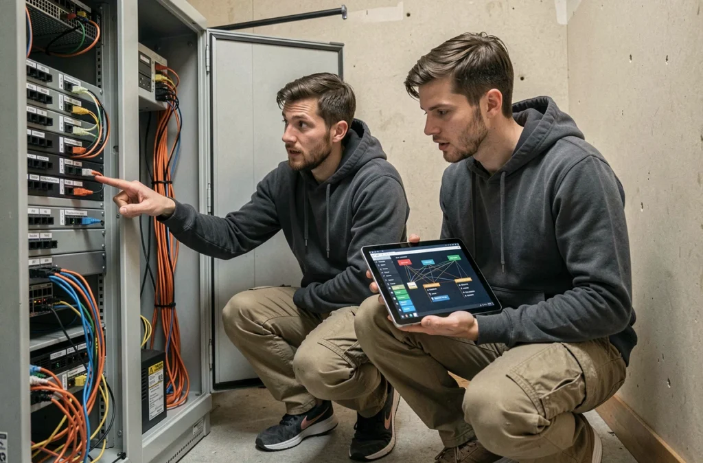Deux administrateurs systèmes configurant un point de distribution de cache dans un placard réseau de bureau secondaire