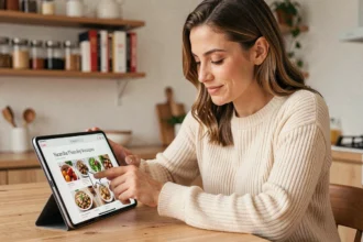 Femme ajoutant une recette en favori sur une tablette dans une cuisine moderne