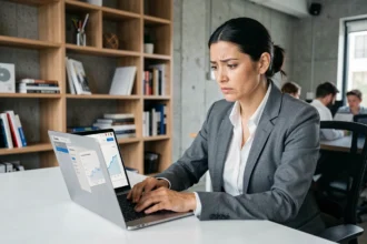 Graphiste web analysant les statistiques de conversion d'un site WordPress sur un ordinateur portable dans un bureau moderne