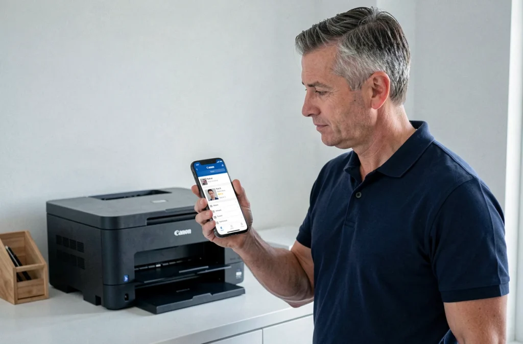 Homme utilisant l'application mobile Canon Print sur smartphone à côté d'une imprimante Canon pour changer l'encre