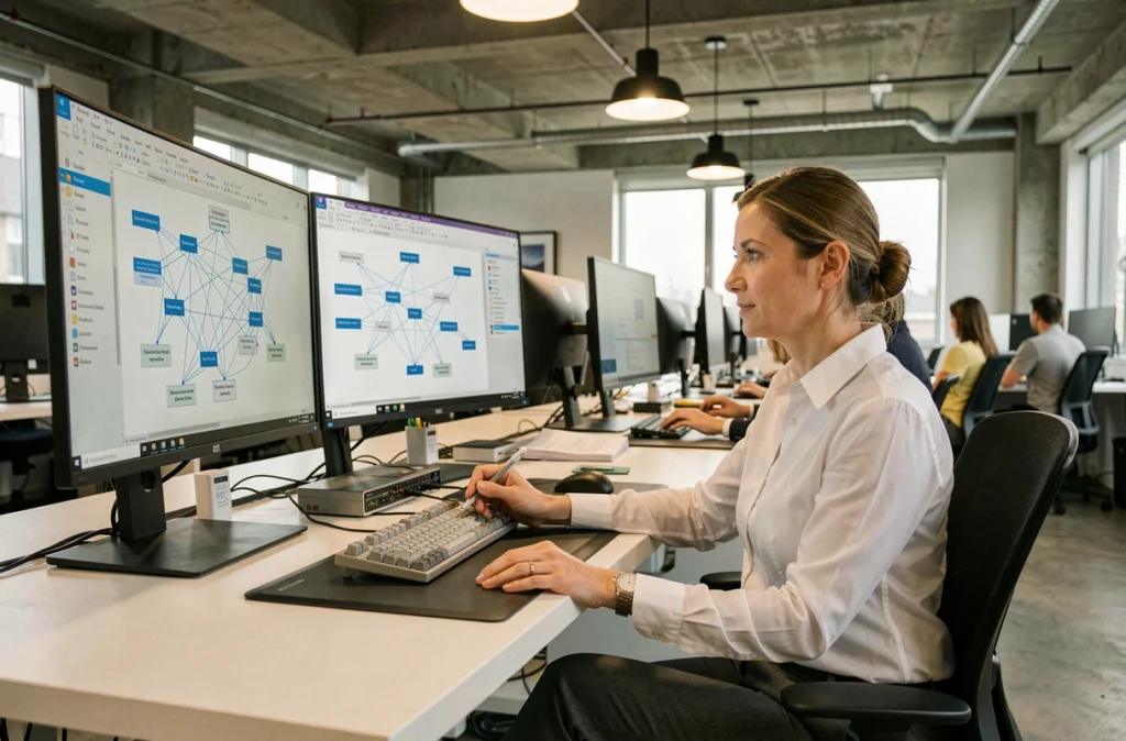 Architecte IT travaillant sur des diagrammes de stratégie de cache réseau avec distribution de points de branche sur écran double