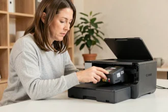 Femme changeant une cartouche d'encre dans une imprimante Canon sur un bureau de bureau à domicile