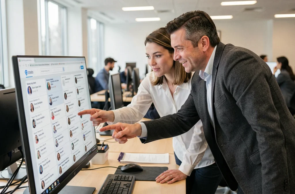 Deux collègues analysant les résultats d'une recherche inversée d'image pour identifier des profils sur les réseaux sociaux