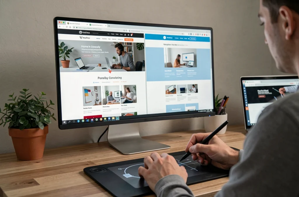 Comparaison de deux interfaces WordPress sur écran, avant et après optimisation pour augmenter les conversions