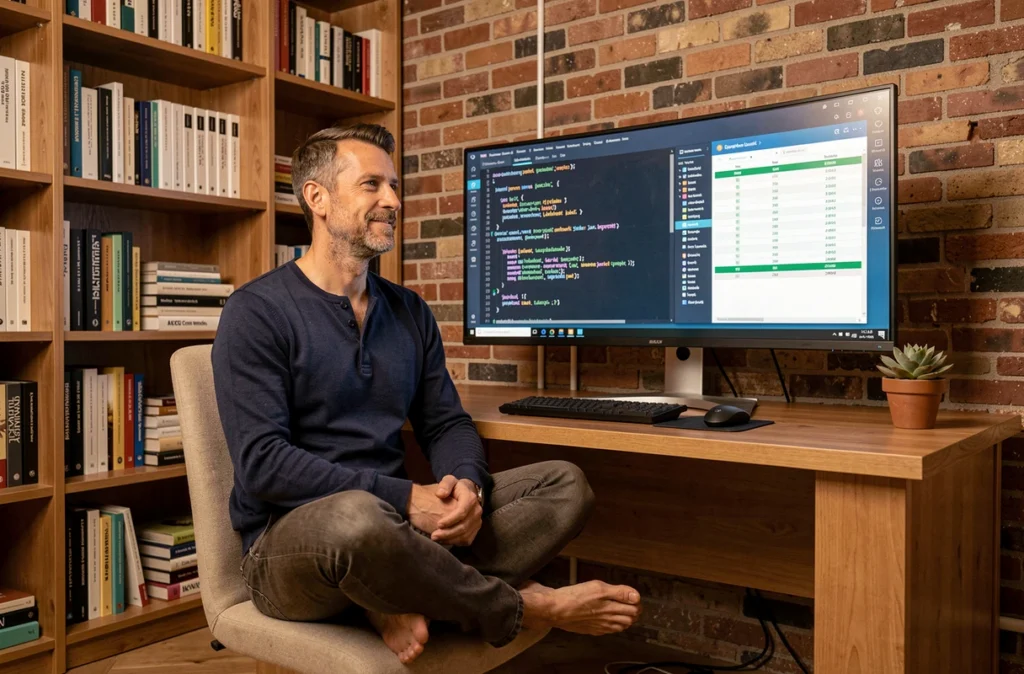 Développeur travaillant sur un code Python d'automatisation dans un bureau à domicile avec mur en briques