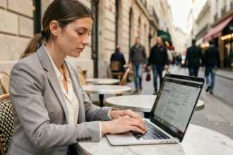 Femme professionnelle consultant des documents cloud sur son ordinateur portable dans un café parisien en déplacement