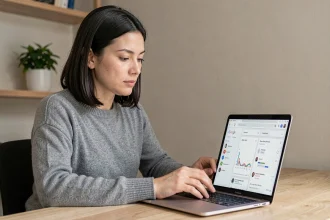 Femme consultant son historique d'activité Google sur un ordinateur portable dans un bureau à domicile moderne