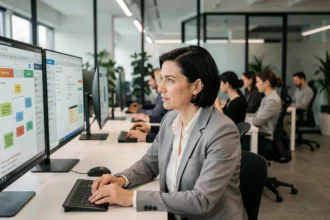 Femme professionnelle utilisant un logiciel d'automatisation de tâches sur double écran dans un bureau moderne