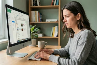 Femme concentrée utilisant Google Docs sur un iMac pour créer une table des matières, dans un bureau à domicile moderne