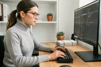Femme utilisant des raccourcis clavier sur un ordinateur de bureau dans un bureau moderne et épuré