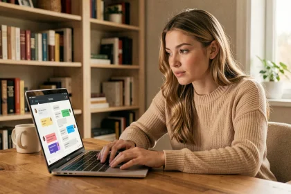 Jeune femme utilisant un chatbot IA sans inscription sur son ordinateur portable dans un bureau à domicile