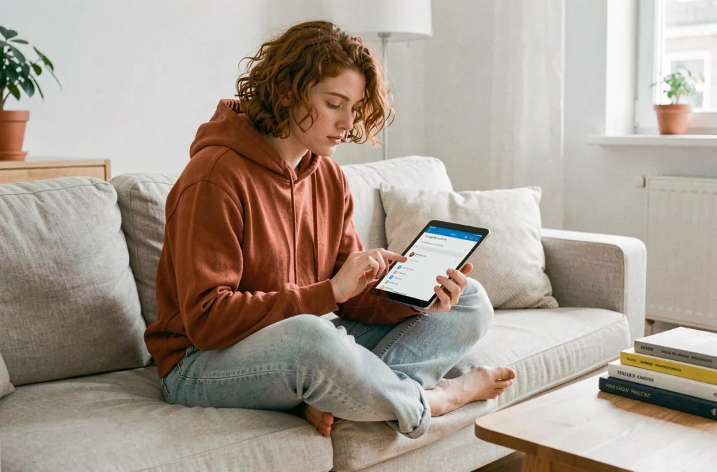 Jeune adulte gérant les paramètres de confidentialité de Mon Activité Google sur une tablette dans un salon moderne