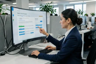 Professionnelle en blazer marine gérant une mise à jour logicielle sur un écran d'ordinateur de bureau en open space