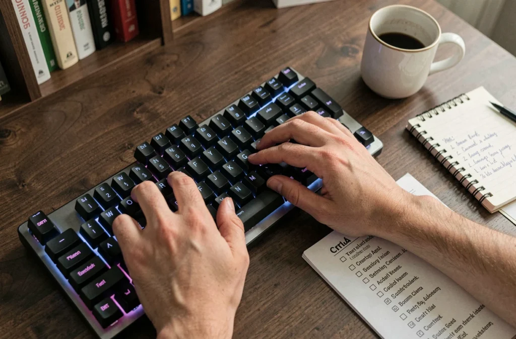 Vue aérienne des mains sur un clavier mécanique avec une fiche de raccourcis clavier imprimée sur un bureau en bois sombre