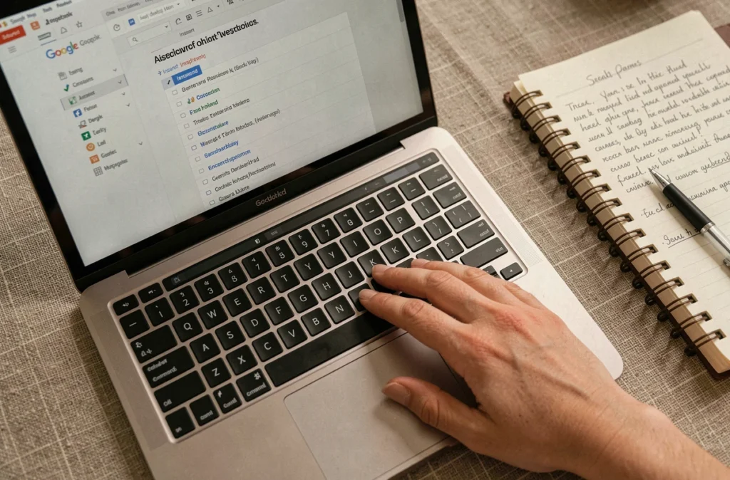 Gros plan d'une main sur un trackpad de laptop affichant une table des matières Google Docs avec les titres formatés