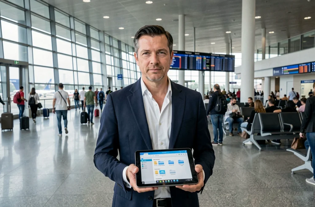 Homme d'affaires accédant à ses fichiers cloud sur une tablette dans un terminal d'aéroport lors d'un voyage professionnel