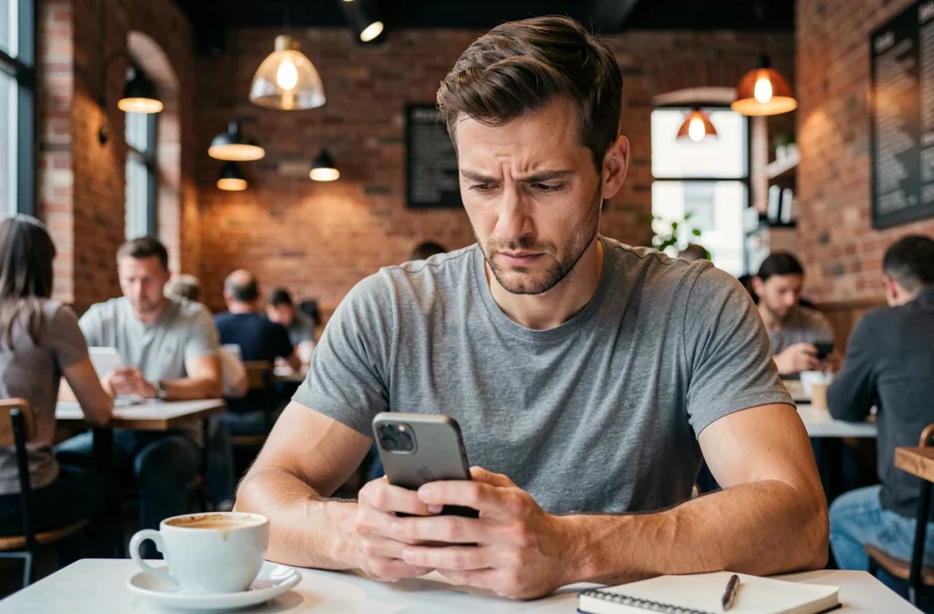 Homme dans un café analysant les conditions d'utilisation d'un service de chat IA sur son smartphone