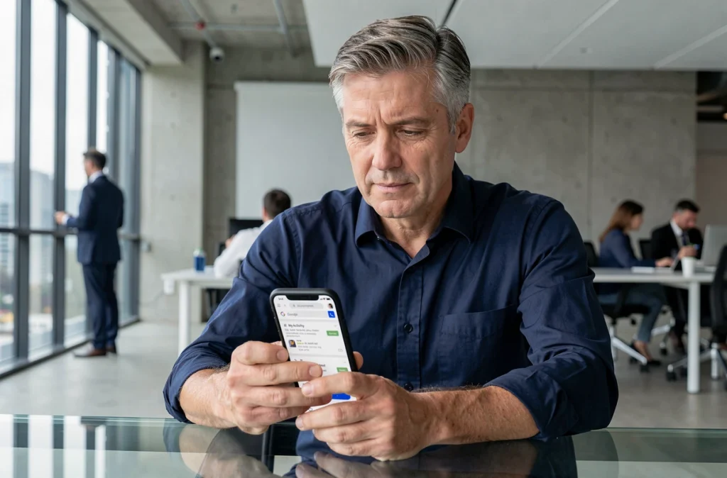 Homme d'affaires vérifiant et gérant son historique d'activité Google sur son smartphone en open space
