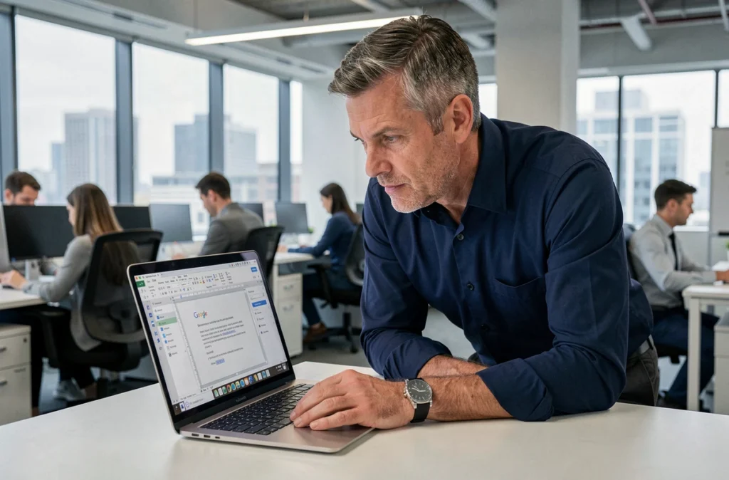 Homme en bureau open space consultant Google Docs sur laptop pour insérer une table des matières dans un document