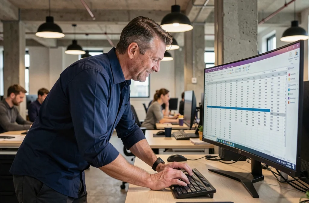 Homme en bureau open space utilisant des raccourcis clavier sur un clavier sans fil devant un écran ultrawide