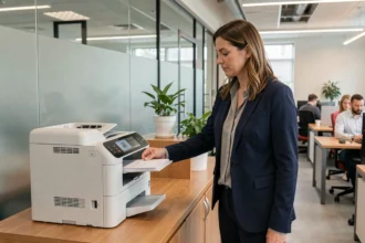 Femme professionnelle récupérant des documents imprimés sans fil dans un bureau en open space moderne