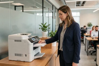 Femme professionnelle récupérant des documents imprimés sans fil dans un bureau en open space moderne