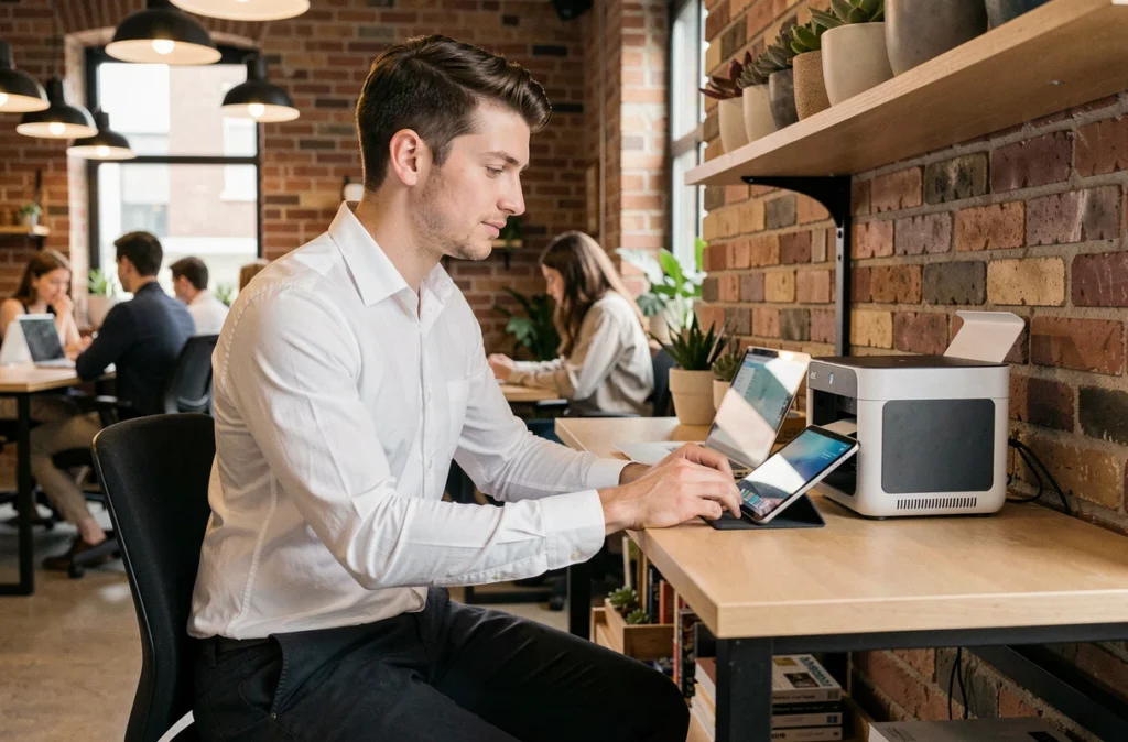 Jeune professionnel imprimant sans fil depuis une tablette dans un espace de coworking moderne