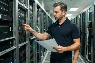 Ingénieur réseau analysant un schéma de topologie de cache devant des baies de serveurs dans une salle informatique d'entreprise