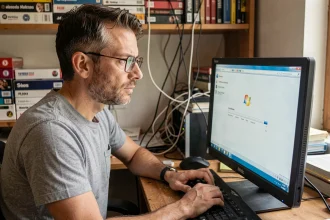 Homme installant Windows 7 Professional sur un ordinateur de bureau dans un bureau à domicile encombré
