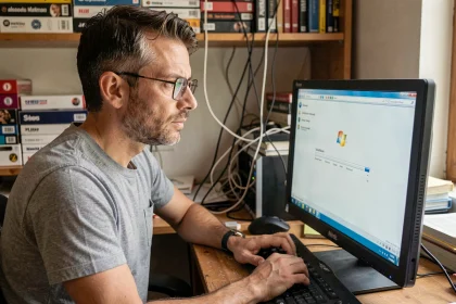 Homme installant Windows 7 Professional sur un ordinateur de bureau dans un bureau à domicile encombré