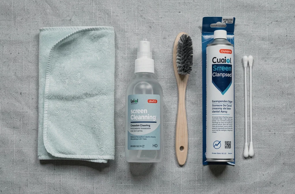 Vue de dessus d'un kit de nettoyage pour écran et clavier disposé sur une surface grise, comprenant chiffon microfibre, spray et brosse
