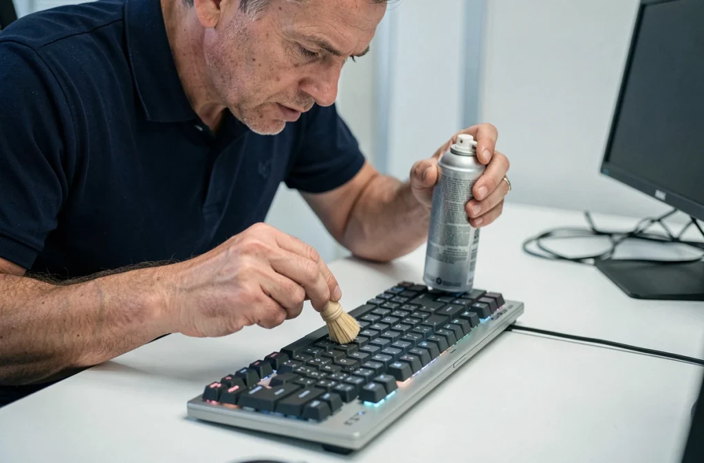 Homme nettoyant un clavier mécanique avec une brosse douce et de l'air comprimé sur un bureau blanc