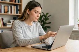 Femme essuyant l'écran d'un ordinateur portable avec un chiffon microfibre blanc sur un bureau en bois