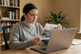 Femme utilisant la recherche inversée d'image sur son ordinateur portable pour identifier une personne via une photo