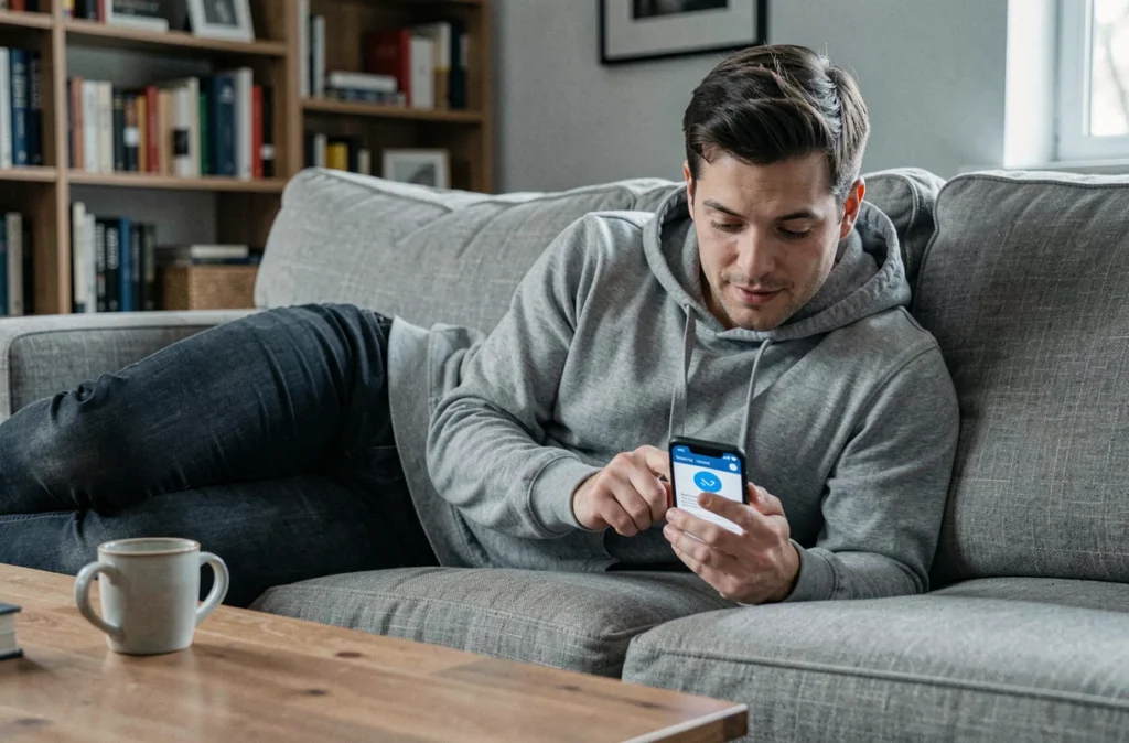 Homme sauvegardant un article en favori sur son smartphone depuis son canapé