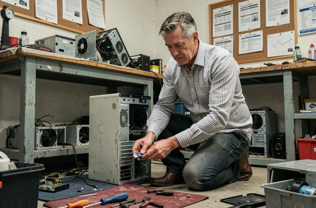 Technicien installant Windows 7 depuis une clé USB bootable dans un atelier de réparation informatique