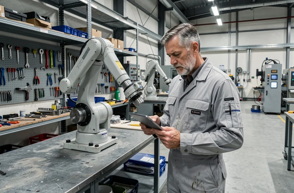 Technicien industriel interagissant avec un bras robotisé dans un atelier, symbolisant l'automatisation et la mutation des métiers techniques