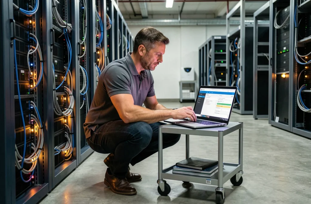 Technicien informatique effectuant une mise à jour de correctifs de sécurité dans une salle de serveurs d'entreprise