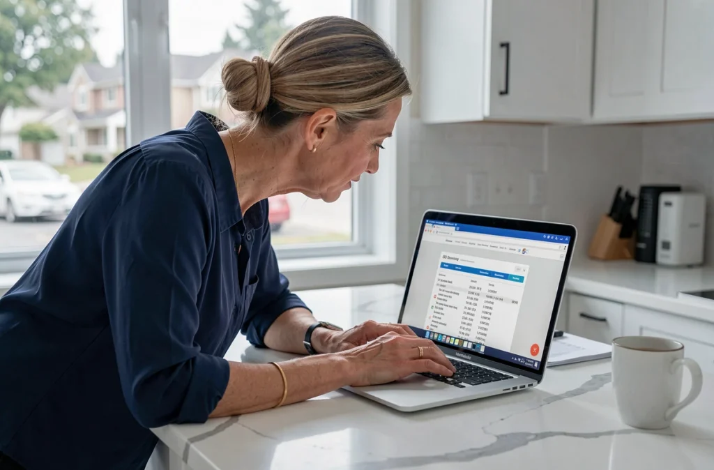 Femme recherchant un fichier ISO Windows 7 sur un site alternatif depuis son ordinateur portable dans une cuisine moderne