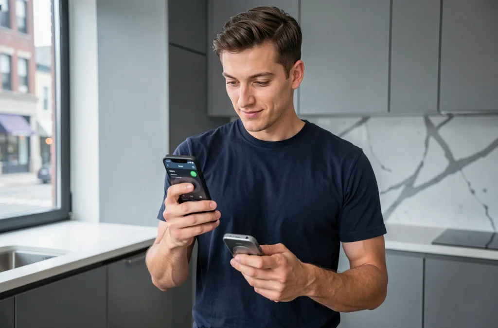 Homme utilisant un smartphone pour télécharger de la musique sur un lecteur MP3 dans une cuisine moderne