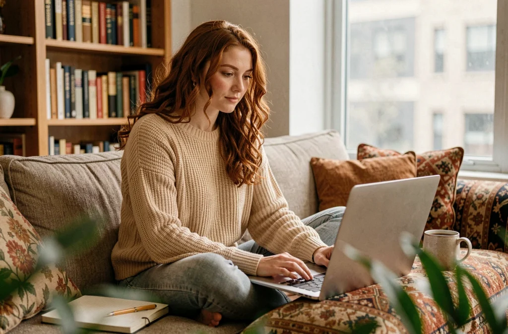 Jeune professionnelle en télétravail sur canapé avec ordinateur portable, évoquant l'évolution des modes de travail et la transformation des métiers