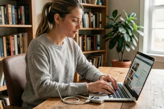 Femme connectant un lecteur MP3 à un ordinateur portable pour transférer de la musique depuis son bureau à domicile