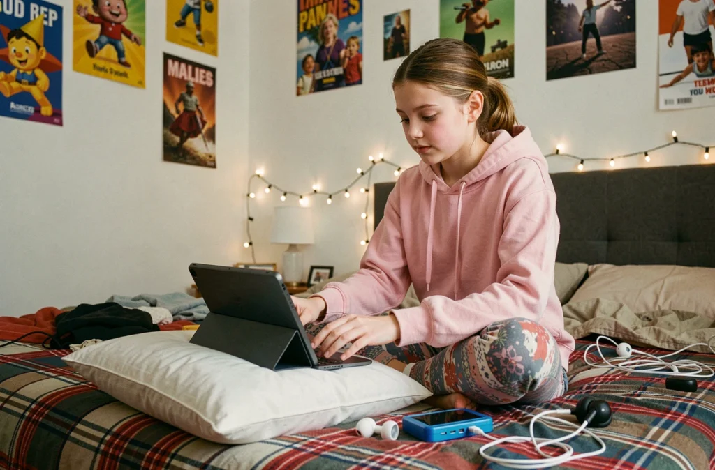 Adolescente transférant de la musique depuis une tablette vers un lecteur MP3 dans sa chambre