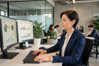 Professionnelle analysant des données sur écrans dans un bureau moderne, illustrant la transformation des métiers par l'intelligence artificielle