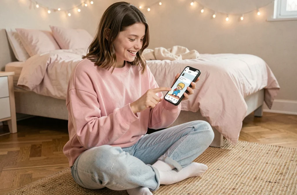 Adolescente amusée recevant un GIF animé dans une conversation SMS sur son smartphone dans sa chambre