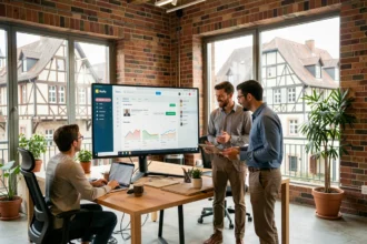 Équipe d'une agence digitale du Grand Est travaillant sur une boutique Shopify dans un bureau moderne avec vue sur une ville alsacienne