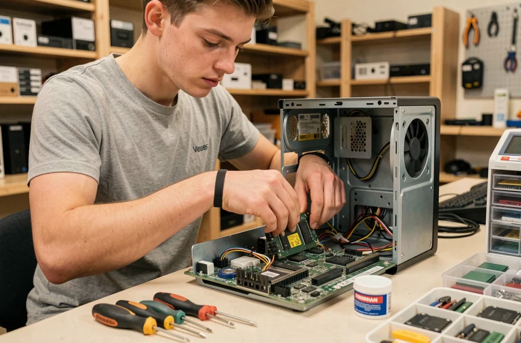Technicien d'Alexsis Informatique réparant un ordinateur de bureau sur un établi à Évreux
