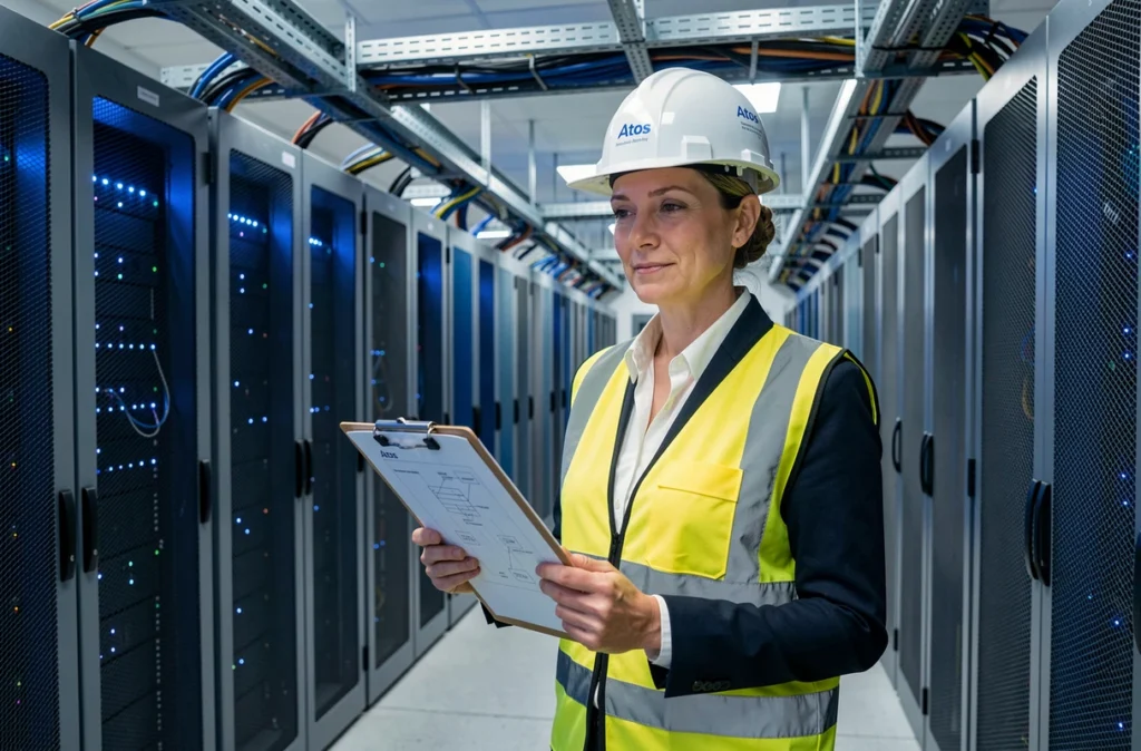 Architecte cloud d'Atos dans un datacenter sécurisé parisien avec rangées de serveurs en arrière-plan