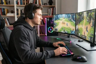 Joueur adulte concentré devant un setup gaming moderne avec double écran en 2026, illustrant les avantages du gaming en ligne